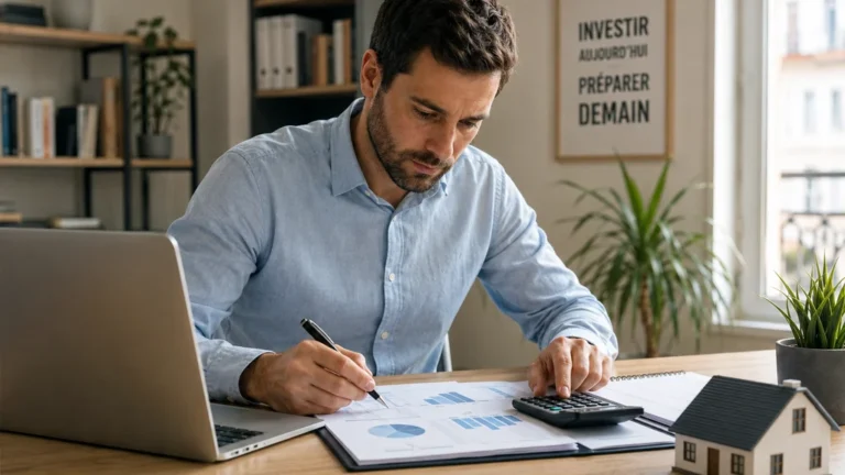 Investisseur immobilier analysant la fiscalité LMNP 2025 avec des documents financiers et une maquette de maison