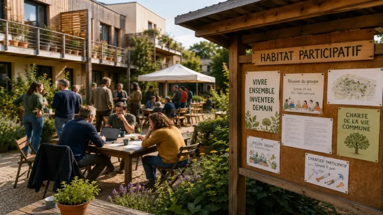 Cour commune d’un habitat participatif avec habitants réunis devant des logements écologiques