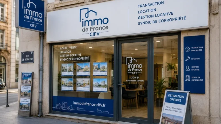 Agence immobilière Immo de France Rhône-Alpes avec vitrine d’annonces en centre-ville