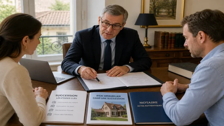 Héritiers consultant un notaire pour gérer un bien immobilier dans une succession