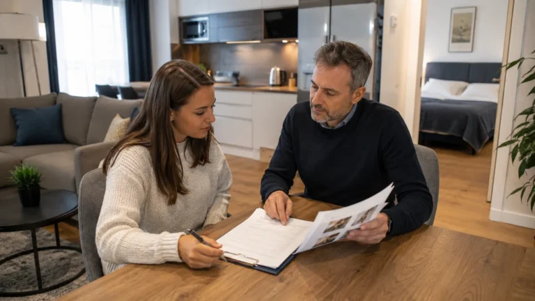 Bailleur et locataire vérifiant l’inventaire du mobilier dans un appartement en location meublée