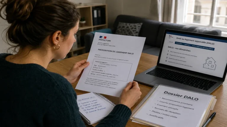 Personne lisant une proposition de logement DALO avec dossier administratif et ordinateur