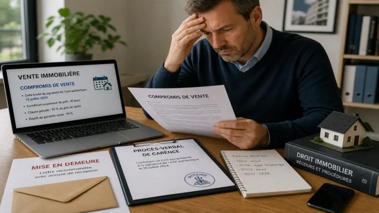 Vendeur inquiet relisant un compromis de vente après un retard de l’acheteur dans une vente immobilière