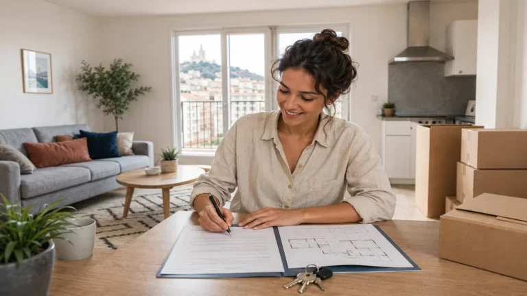 Jeune locataire signant un dossier de location dans un appartement lumineux à Marseille avec cartons de déménagement