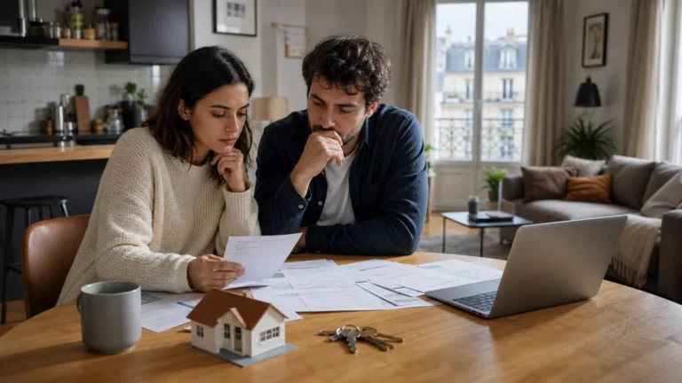 Couple examinant des documents liés à la location d’un logement acheté avec un prêt à taux zéro dans un appartement moderne
