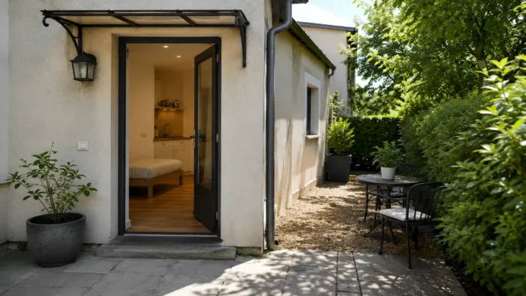Entrée indépendante d’un logement aménagé dans une partie de maison avec petit patio
