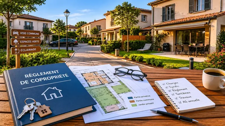 Maison en copropriété horizontale avec règlement de copropriété et espaces communs dans une résidence moderne