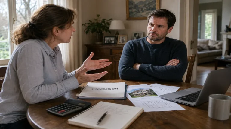 Frère et sœur discutant d’une maison familiale en indivision autour de documents de succession.