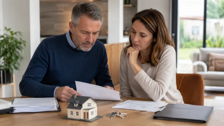 Couple marié consultant des documents immobiliers pour comprendre les droits sur une maison achetée avant le mariage.