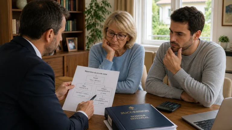 Mère et fils consultant un notaire pour savoir si une maison familiale peut être vendue après le décès du père