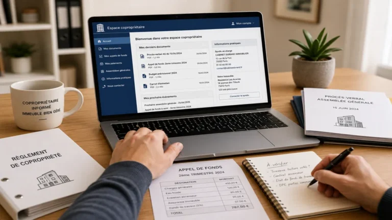 Copropriétaire consultant son espace syndic en ligne avec les documents de copropriété sur son bureau