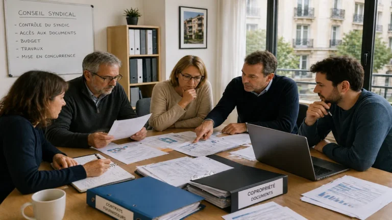 Membres d’un conseil syndical réunis autour de documents de copropriété pour contrôler la gestion du syndic