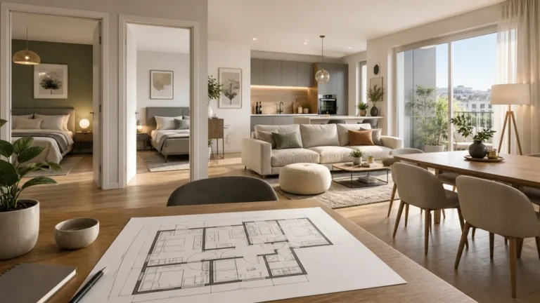 Plan appartement T3 moderne avec séjour lumineux, deux chambres, cuisine ouverte et plan 2D posé sur une table