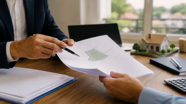 Discussion chez le notaire autour du plan d’un terrain constructible et du calcul de la plus-value immobilière