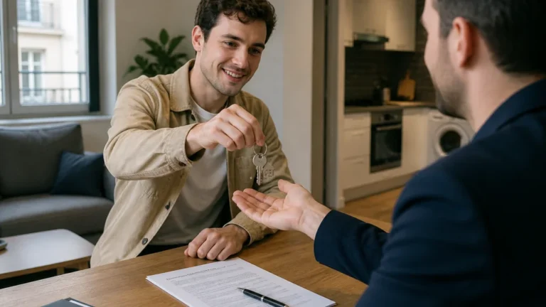 Remise des clés entre un locataire et un propriétaire dans un appartement meublé pour illustrer le préavis en location meublée