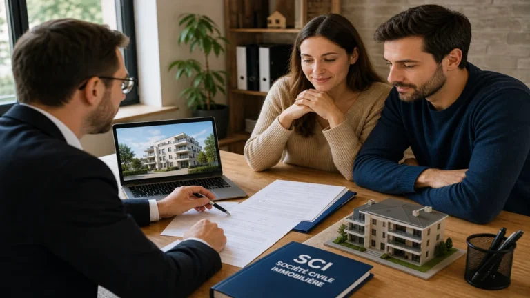 Couple échangeant avec un conseiller immobilier sur la création d’une SCI pour un investissement locatif