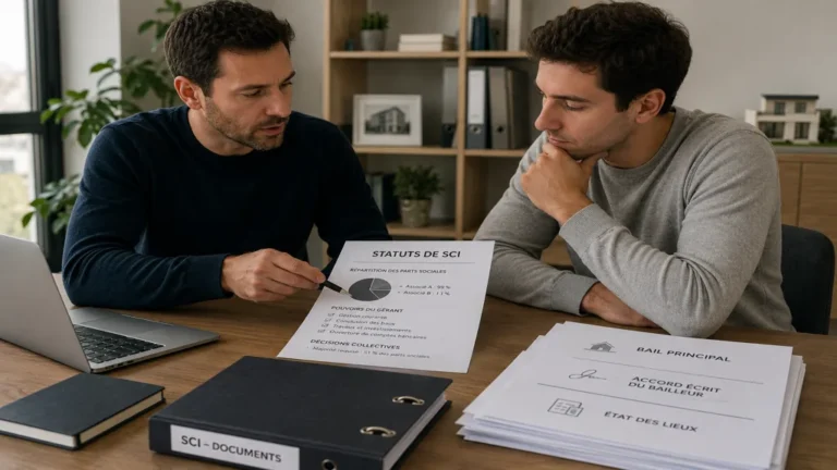 Deux associés préparant les statuts d’une SCI avec répartition des parts sociales