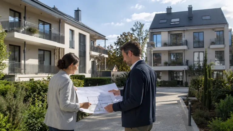Deux professionnels étudiant un plan de division dans une résidence composée de plusieurs bâtiments en copropriété
