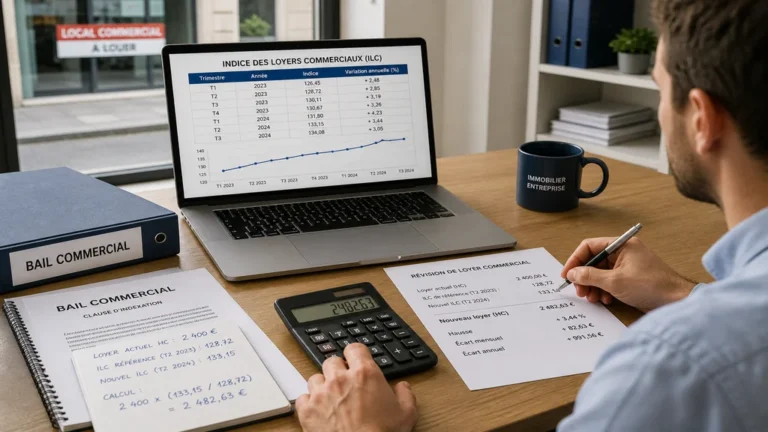 Professionnel calculant la révision d’un loyer commercial avec l’indice ILC dans un bureau immobilier