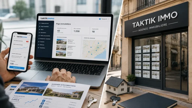 Logiciel de pige immobilière affiché sur ordinateur avec documents d’estimation et agence immobilière en arrière-plan.