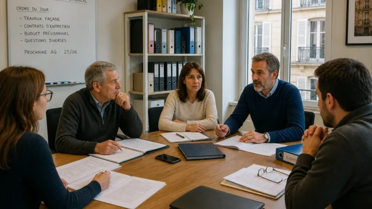 Réunion du conseil syndical de copropriété avec des copropriétaires autour d’une table