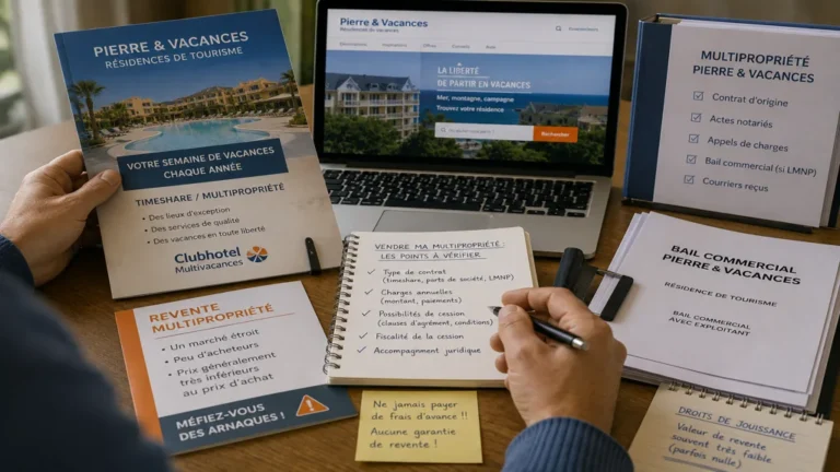 Documents de revente de multipropriété Pierre et Vacances avec contrat et dossier juridique sur un bureau