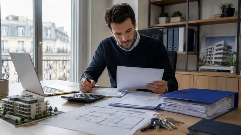 Gérant de SCI préparant sa déclaration 2072 avec des documents fiscaux et des dossiers immobiliers