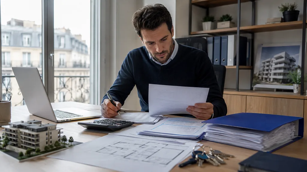 Gérant de SCI préparant sa déclaration 2072 avec des documents fiscaux et des dossiers immobiliers