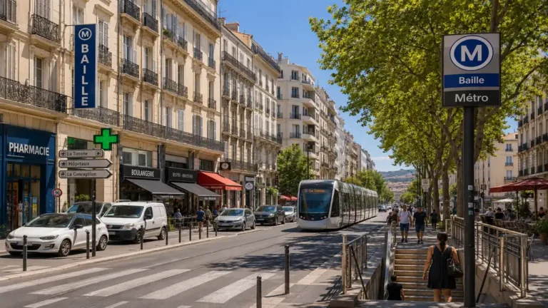 Rue animée du 5ème arrondissement de Marseille avec métro, commerces et immeubles anciens