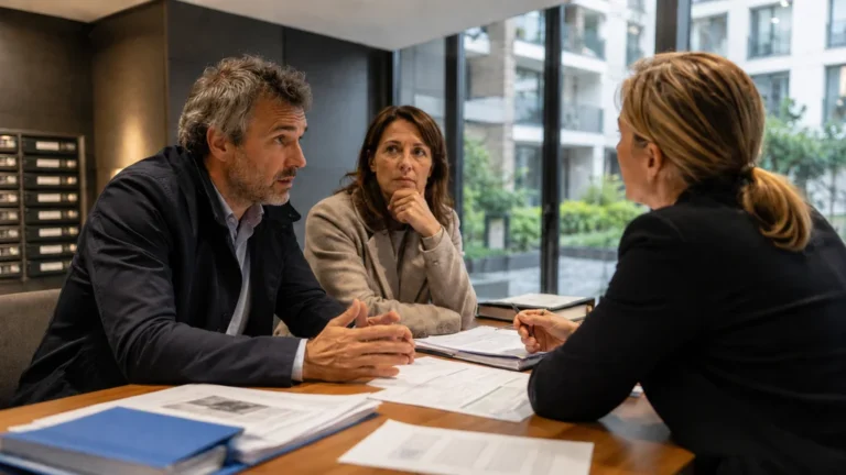 Copropriétaires en réunion avec une gestionnaire pour résoudre un litige de conseil