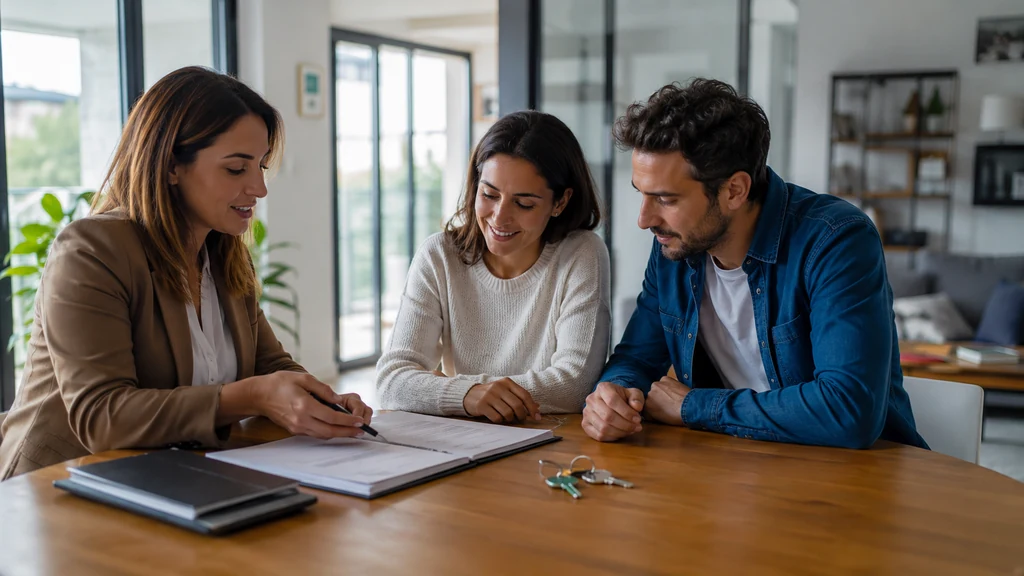 Couple achetant un bien immobilier en indivision avec une professionnelle autour de documents et de clés