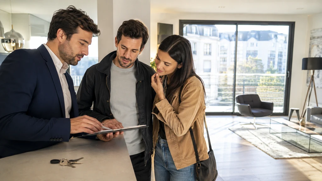 Investisseurs visitant un appartement moderne avec un agent immobilier avant un achat locatif