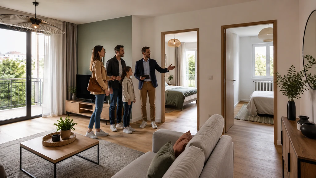Visite d’un appartement deux chambres lumineux avec une famille et un agent immobilier