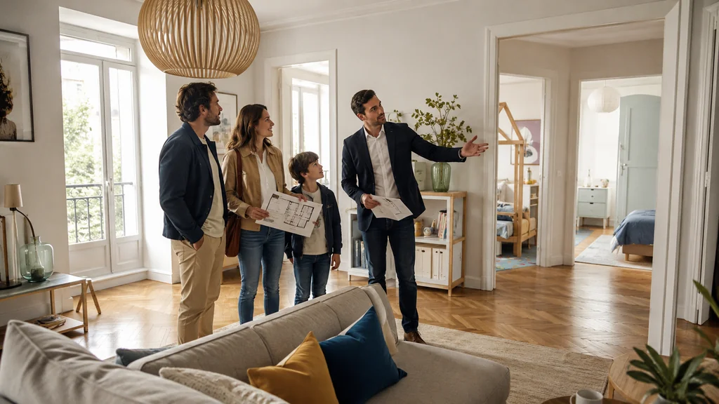 Famille visitant un appartement T4 lumineux avec un agent immobilier