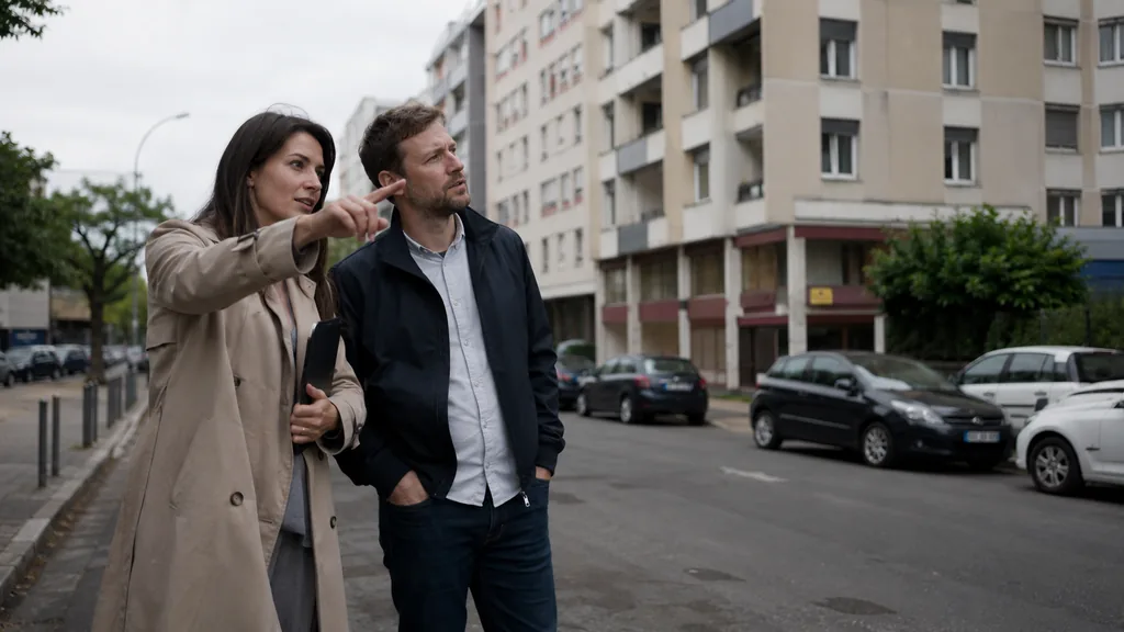 Couple observant un quartier urbain avant un achat immobilier dans une ville française sensible