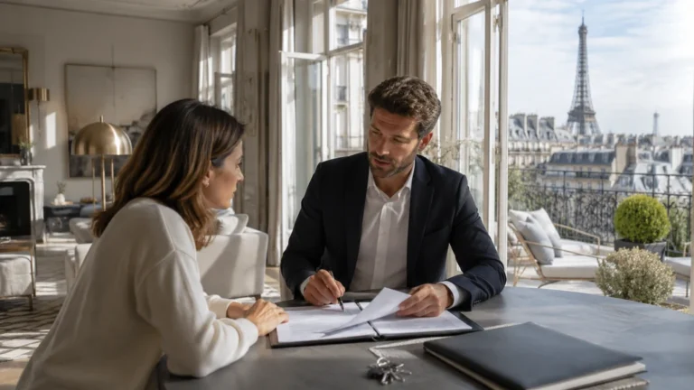 Locataire et professionnel de l'immobilier examinant un bail dans un appartement haut de gamme avec vue dégagée, en lien avec le complément de loyer