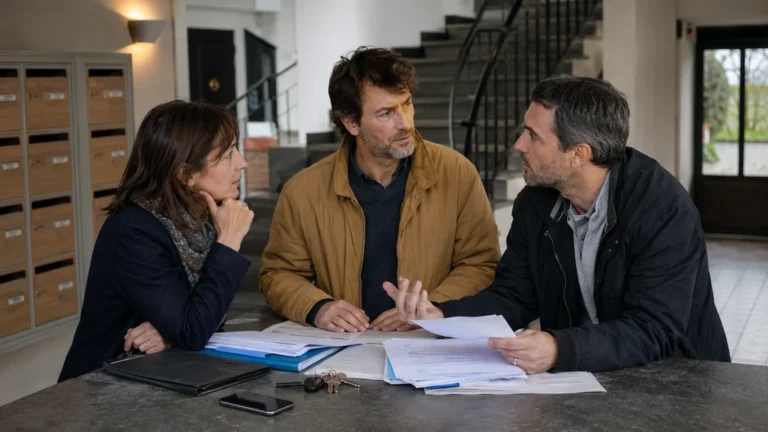 Copropriétaires discutant de la gestion d’une copropriété sans syndic dans le hall d’un immeuble