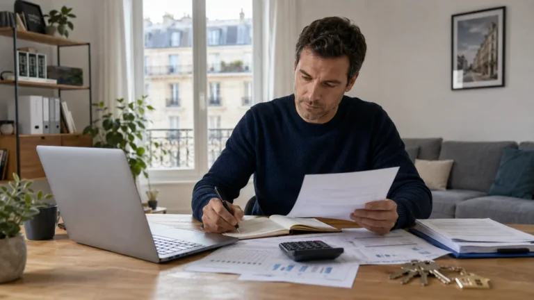 Propriétaire préparant sa déclaration LMNP 2025 avec documents fiscaux et calculatrice