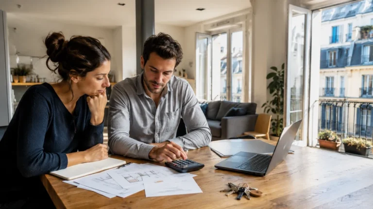 Couple calculant la rentabilité d’un achat locatif dans un appartement lumineux