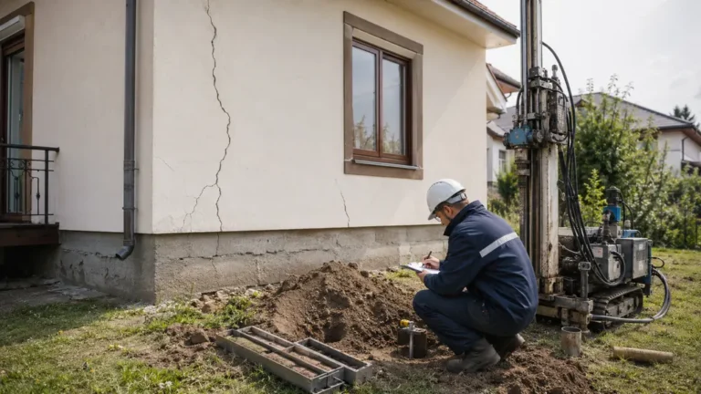 Technicien réalisant une étude de sol près des fondations fissurées d’une maison déjà construite
