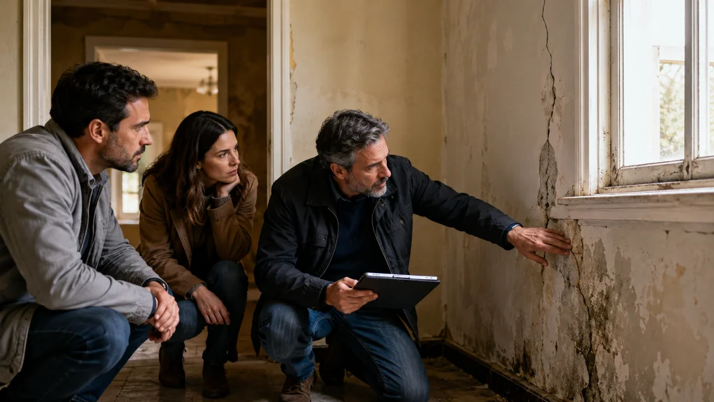 Expert en bâtiment inspectant les fissures et l’humidité d’une maison ancienne avant un achat immobilier