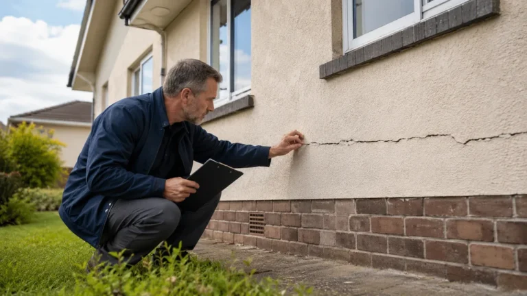 Expert inspectant une fissure horizontale sur la façade d’une maison pour évaluer un risque structurel