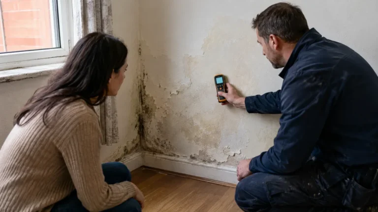 Professionnel mesurant l’humidité d’un mur intérieur avant traitement dans une maison touchée par les moisissures