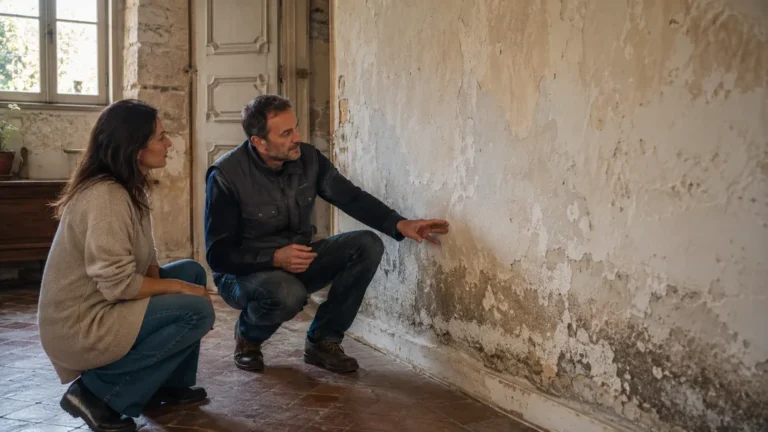Expert inspectant un mur humide dans une maison ancienne avec traces de salpêtre et enduit dégradé