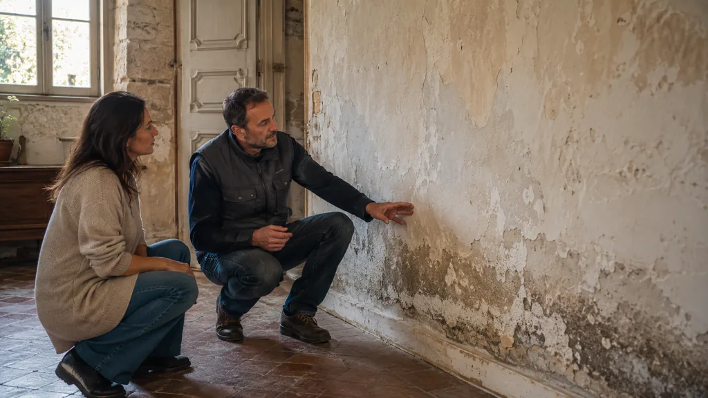 Expert inspectant un mur humide dans une maison ancienne avec traces de salpêtre et enduit dégradé