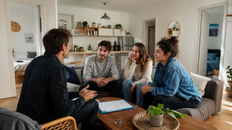 Propriétaire bailleur présentant un logement en colocation à plusieurs jeunes locataires
