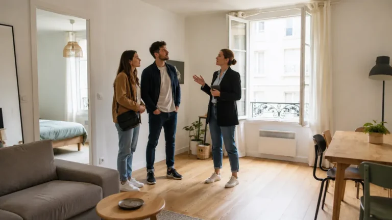 Couple visitant un appartement T2 lumineux avec une agente immobilière