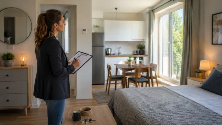 Professionnelle vérifiant la liste du mobilier obligatoire dans un logement meublé prêt à louer