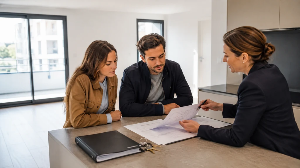 Couple consultant les conditions de location d’un logement Pinel avec une agente immobilière