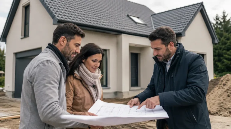 Couple échangeant avec un constructeur devant une maison neuve en chantier